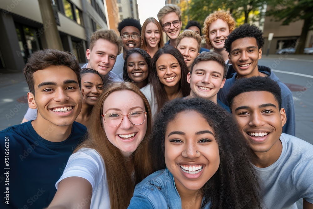 Group of multicultural students gather together, taking a joyful selfie, Ai generated Group of multicultural students gather together, taking a joyful selfie, Ai generated