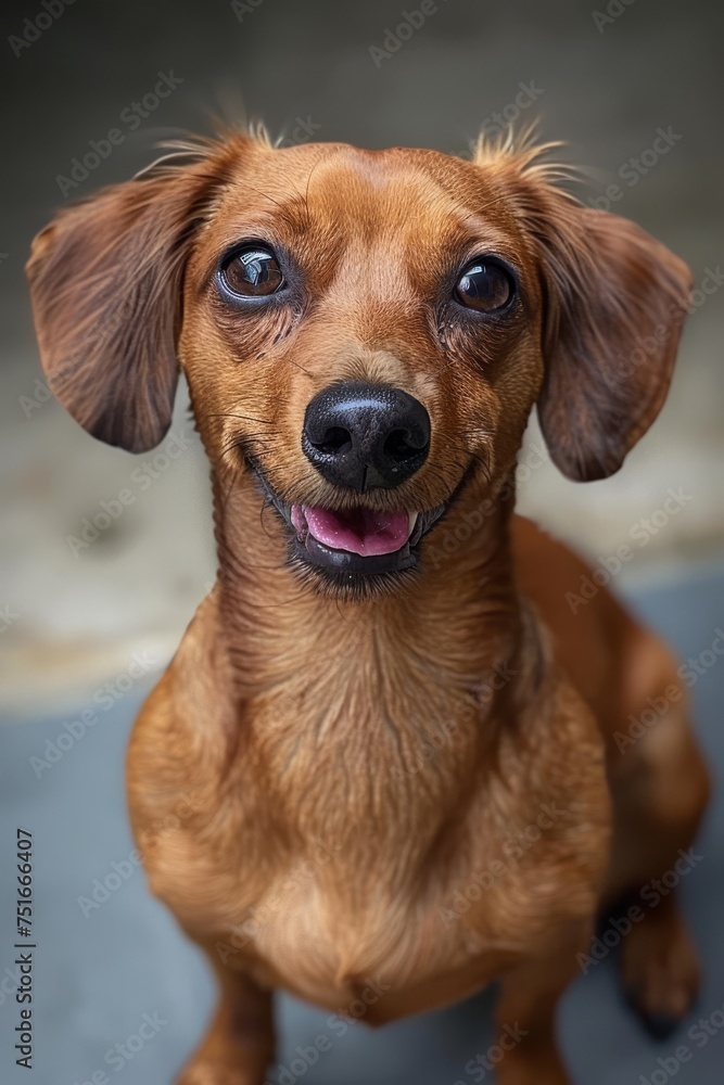 A charming dachshund with an eager expression sits calmly, its shiny coat gleaming as it poses