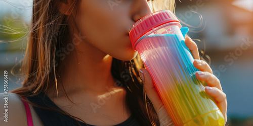 A young woman drinks and holds a colored plastic thermos or sports water bottle in her hand. Clean package mockup design for branding.