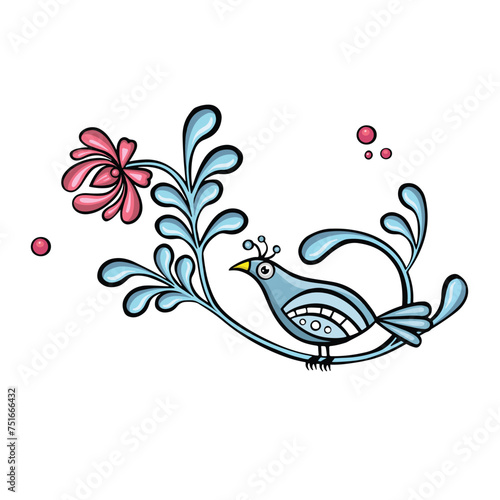 Blue dove on a branch cartoon, hand drawn vector illustration