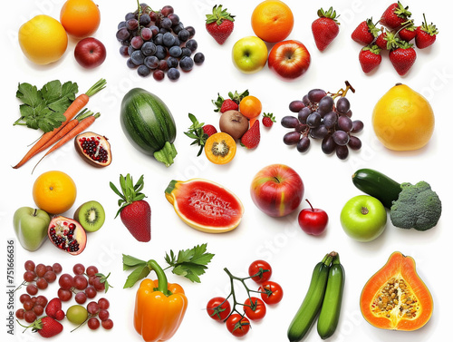 Flat Lay of Fruits and Vegetables on White