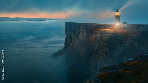 A majestic lighthouse standing tall on a cliff at dawn, its light casting a warm glow over the rugged coastline. The early morning mist partially obscures the ocean