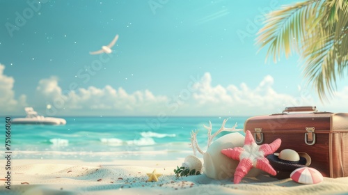 A fantastic picture of a sandy beach with various seashells.Colorful summer template. Concept of recreation