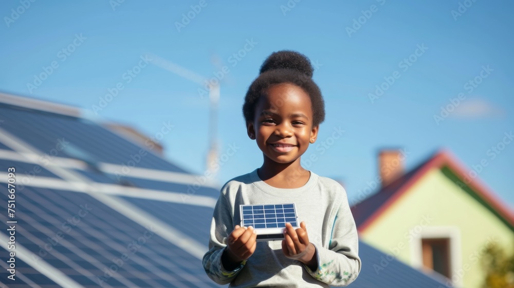 Standing before a backdrop of solar panels, a cheerful African American child holds a miniature solar panel, representing youthful advocacy for renewable energy on Earth Day.