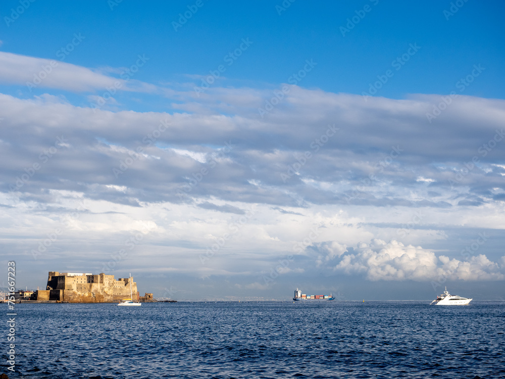 Castel dell'Ovo castle in Naples, Italy with the sea in the background 4K