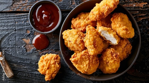 Golden Fried Chicken Nuggets in Bowl with Sauce