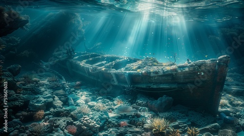 An ancient, sunken ship resting on the ocean floor, surrounded by a vibrant coral reef teeming with marine life. © SardarMuhammad