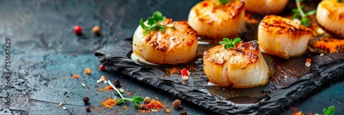 Fried Scallops, Grilled Shellfish, Healthy Gourmet Seafood, Cooked Scallop on Dark Background
