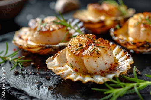 Fried Scallops, Grilled Shellfish, Healthy Gourmet Seafood, Cooked Scallop on Dark Background