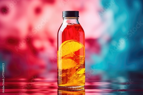 Bottle with multi-colored liquid or magic potion, medicine, colorful background