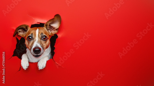An adorable dog's head poking playfully through a torn red paper, giving a sense of curiosity and fun © Fxquadro