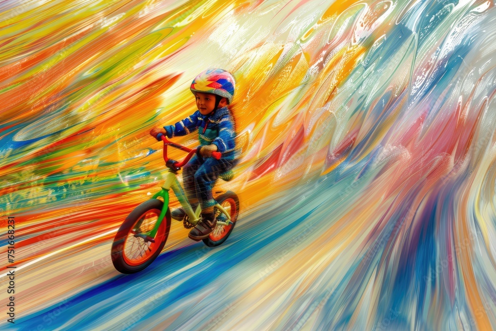 Fototapeta premium A boy rides a bicycle on a colorful background. A child is not a bicycle in motion.