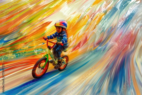 A boy rides a bicycle on a colorful background. A child is not a bicycle in motion. © BetterPhoto
