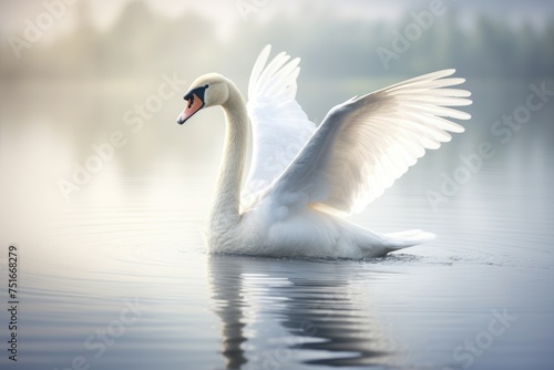 A swan gracefully gliding across on a calm lake, A swan on a lake with a sunset, Elegant swan, Ai generated