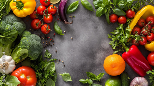 Fresh Vegetables and Herbs on Gray Background