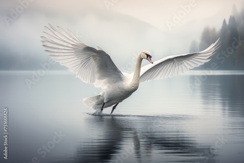 A swan gracefully gliding across on a calm lake, A majestic swan gracefully gliding across a serene lake, Ai generated