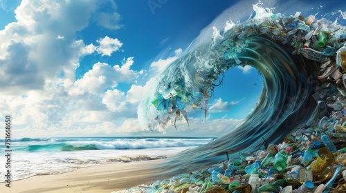 A hyperrealistic wave, intricately detailed with plastic waste, crashes onto a serene beach, highlighting the contrast between natural beauty and human-made pollution.