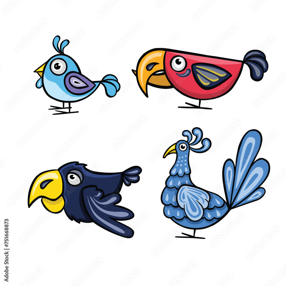 Obraz premium set of small funny birds, conures, parrots cartoon, vector illustration drawn by hand