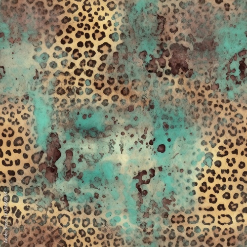 A seamless pattern depicting leopard spots with a watercolor effect, imbued with a sense of age and texture, blending earthy tones with turquoise.