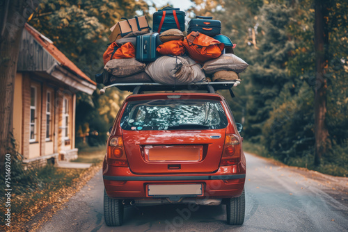 A red car parked with luggage securely placed on its roof, ready for a road trip. The vehicle is stationary in a setting that suggests travel and adventure.