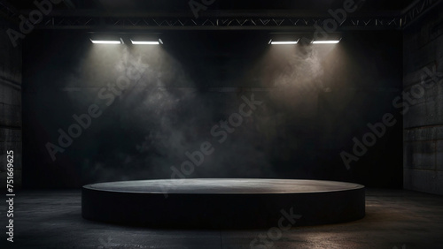 3D podium black dark smoke background product platform abstract stage texture fog spotlight. Dark black floor podium display studio smoky dust