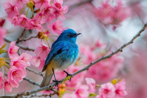 A blue bird perched on a tree branch adorned with pink flowers. The bird is still and looking around, blending beautifully with the blossoms. © pham
