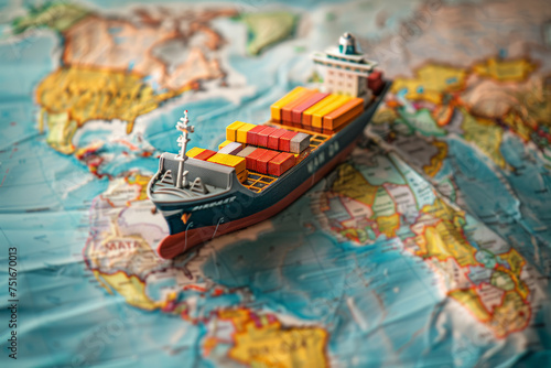 A realistic model of a cargo ship placed on a map, illustrating the strategic planning and logistics involved in maritime shipping. The ship is navigating through ocean routes depicted on the map. © pham