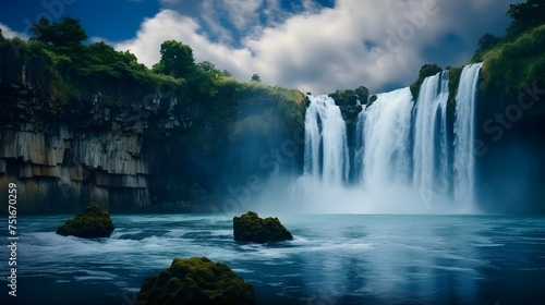 Majestic Waterfall: A Serene Landscape of Flowing Waters and Moss-Covered Rocks, Tranquil Waterfall Scenery: Cascading Beauty Amidst Lush Trees and Nature, Flowing River Serenity: Picturesque Waterfal
