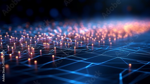 3D illustration of big data  featuring computer wires on a neural network with a shallow depth of field  representing a global artificial intelligence database  optical fiber  and virtual reality.