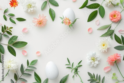 A white table is covered with an abundance of colorful flowers and various eggs, creating a vibrant and festive display. © pham