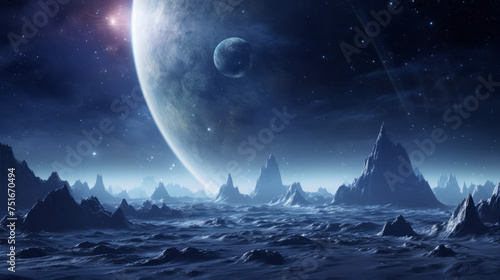 A serene yet chilling scene of a moon's icy landscape with a large planet rising in the horizon © road to millionaire