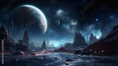 This fantastical scene showcases a foreign landscape with glowing magma beneath a large moon and starry sky