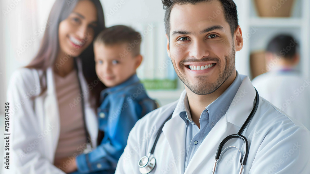 Close up doctor portrait, family on the background. Close up doctor portrait, family on the background.