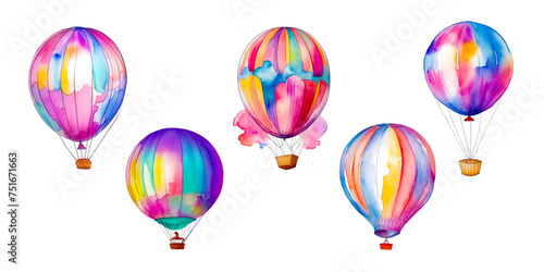 Watercolor set with hot air balloons isolated on white background. Ornate sky balloons, airships with baskets design elements collection - set of various colored balloons