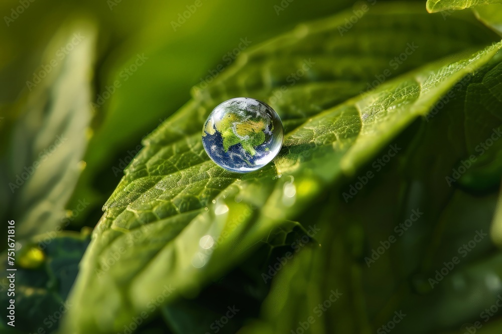A single drop of water rests delicately on top of a vibrant green leaf, reflecting the earth. A single drop of water rests delicately on top of a vibrant green leaf, reflecting the earth.
