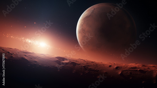 A serene depiction of a lunar surface with a massive planet rising against a backdrop of a bright star and darkness