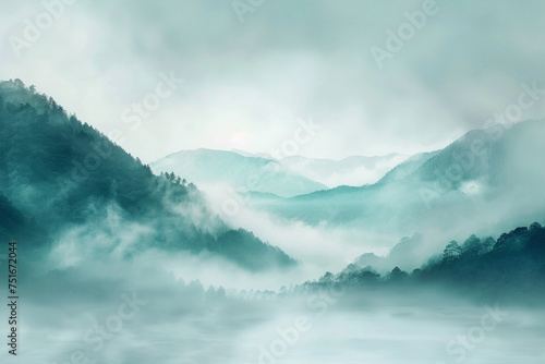 Create a mottled background that reflects the serene beauty of a misty morning in a mountainous landscape  with soft blues and greens blending into white fog