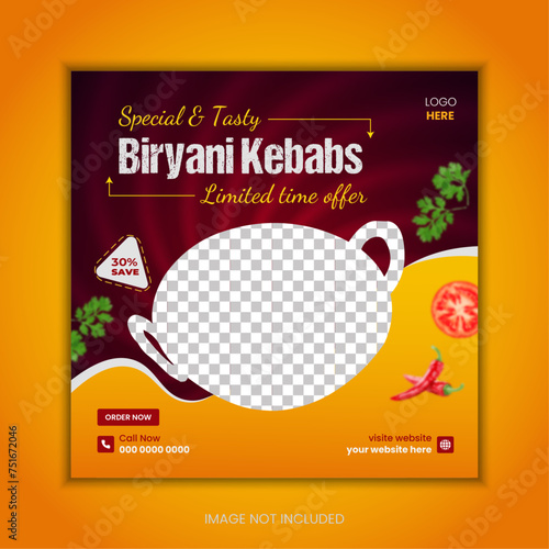 Food social media banner design template. Biryani Kebabs social media post vector illustration. Square size.