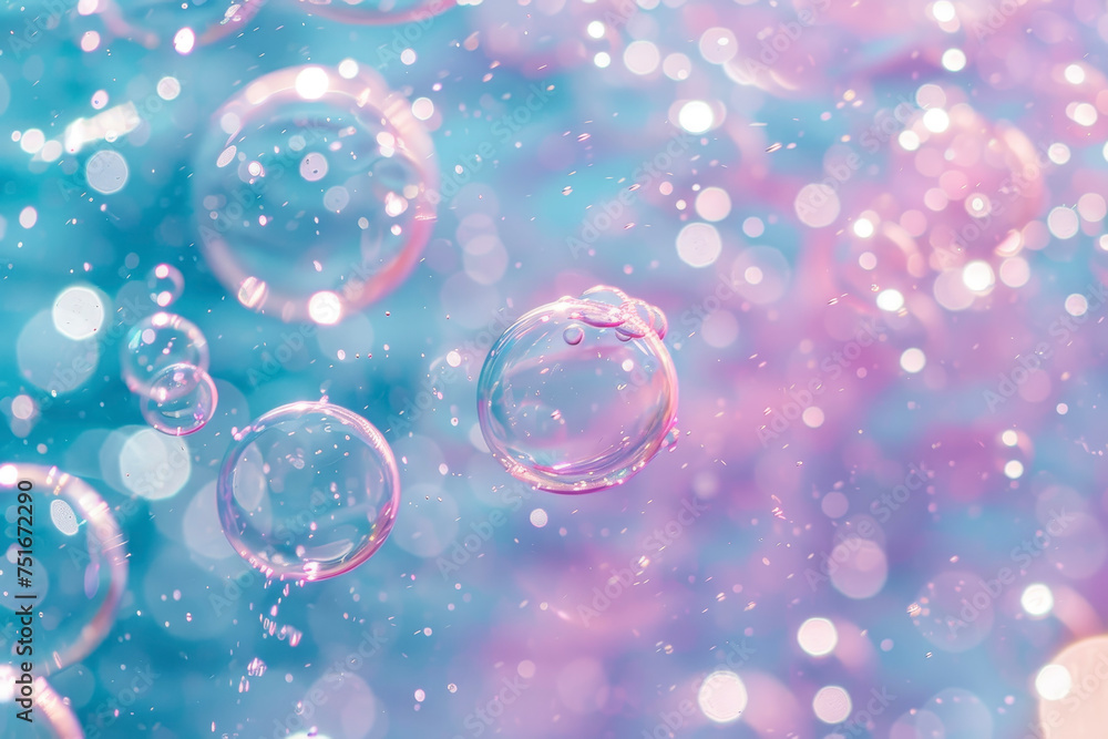 A abstract background of pink and blue bubbles, floating and popping on the water.