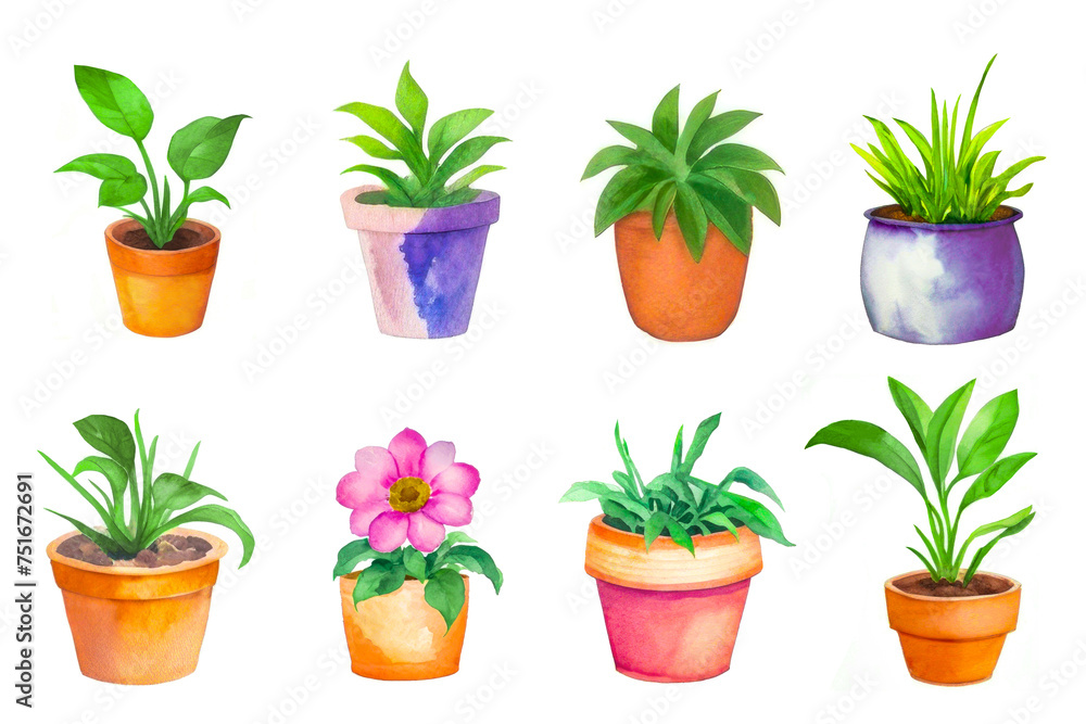 Collection Of Small Indoor Plants In Various Decorated Pots. Watercolor Set Indoor Houseplants Isolated On White. Home Indoor Design Collection Of Small Indoor Plants In Various Decorated Pots. Watercolor Set Indoor Houseplants Isolated On White. Home Indoor Design