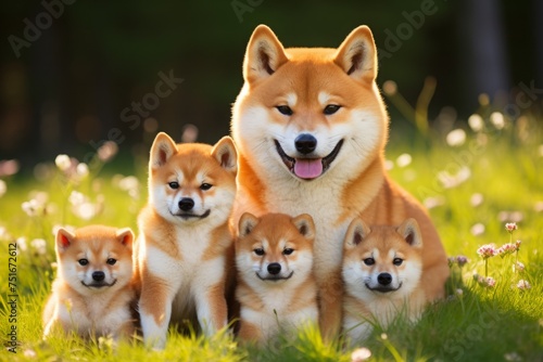 mother dog of the Shiba Inu breed and her puppies. family, motherhood in animals. litter or brood. © MaskaRad