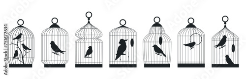 Metal birds cages silhouettes. Birds cages with domestic birds, finch, cockatoo, canary and budgie sitting in cages flat vector illustration set. Cages silhouette collection