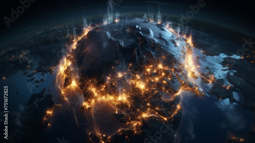 3D illustration of Earth showing illuminated cities and population density  suitable for themes of technology and the future.