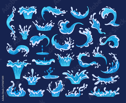 Water splashes. Cartoon aqua splashing, blue ocean waves, drops and water flows, transparent water splash flat vector illustration set. Clean water motion collection