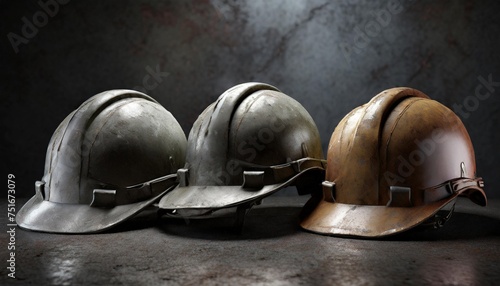 three old and worn construction helmets