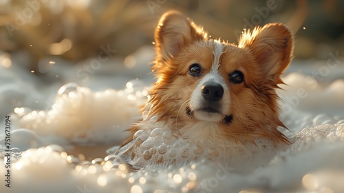 Corgichihuahua dog swimming, gazing at camera with fur glistening in water