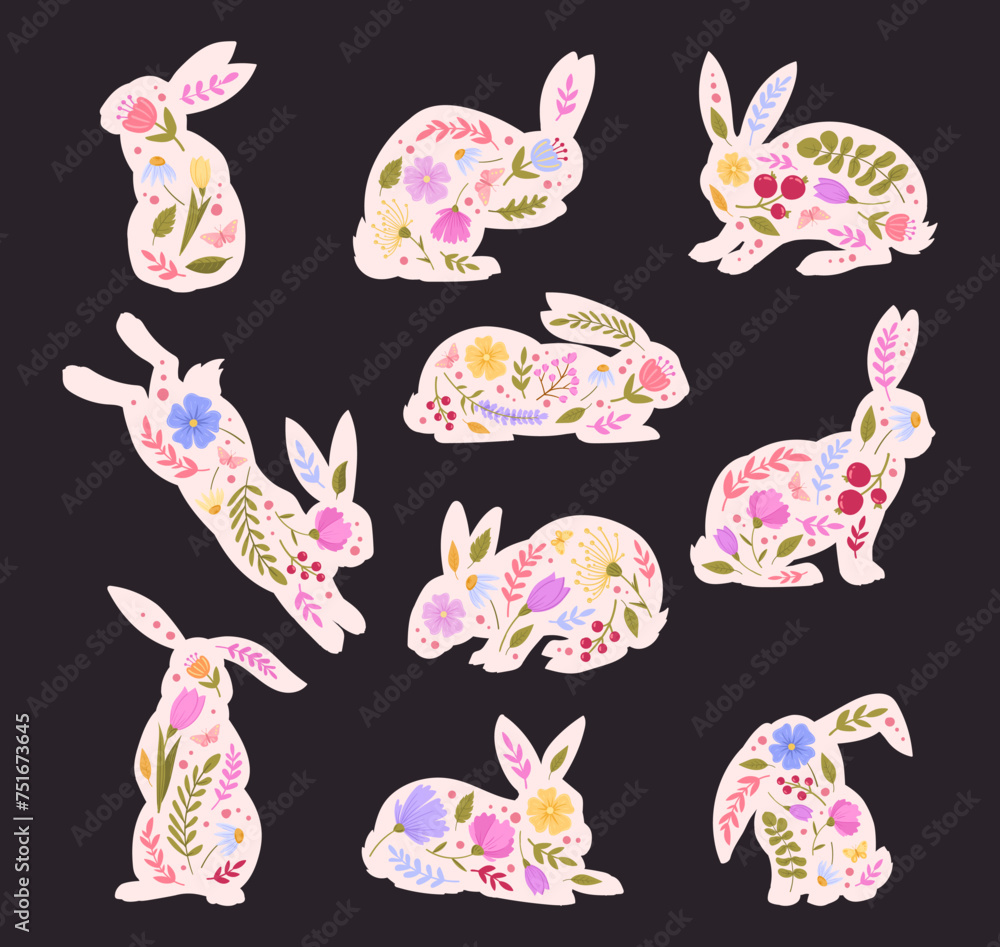 Easter bunny silhouettes. Decorative rabbits with spring flowers, cute Easter hare flat vector illustration set. Bunny holiday decorations