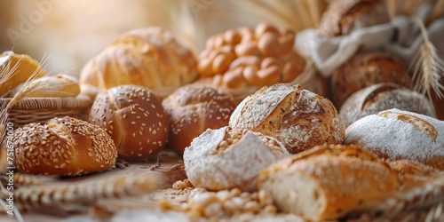 Assortment of different types of freshly baked breads and pastries on a rustic wooden table with wheat field background