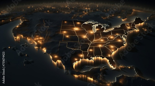 3D illustration of the Earth's map showcasing glowing urban areas and human population density, focusing on America and suitable for technology, future, and science themes.