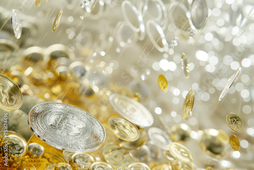 A abstract background of silver and gold coins, dropping and stacking on the floor.